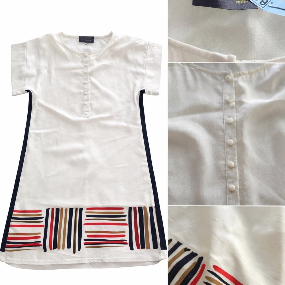 Fendi White Tunic Dress Striped Hem Short Sleeve Size M - Picture 2 of 2